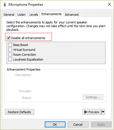 Disable all enhancements in microphone properties
