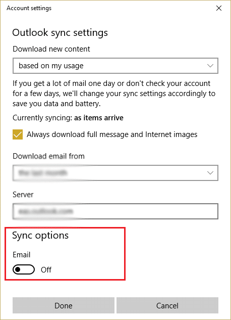 deshabilitar la opción de sincronización en la configuración de sincronización de Outlook