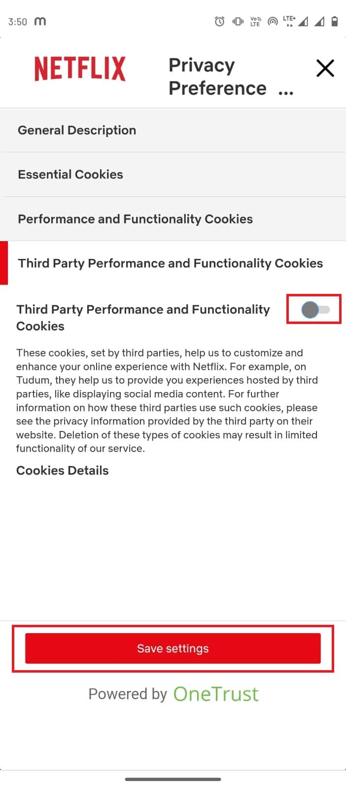 Отключите сторонние файлы cookie производительности и функциональности, нажмите «Сохранить настройки». Как удалить файлы cookie Netflix на Android