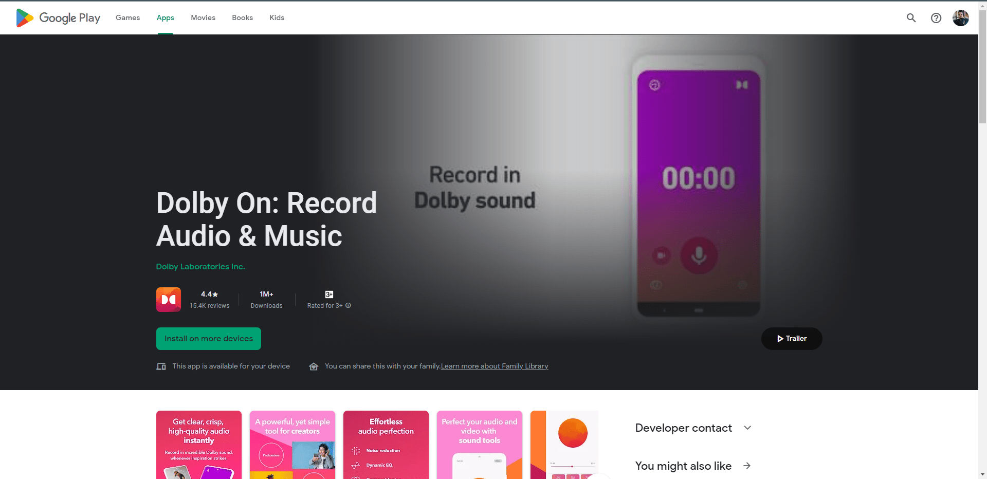 Dolby On Play Store webpage