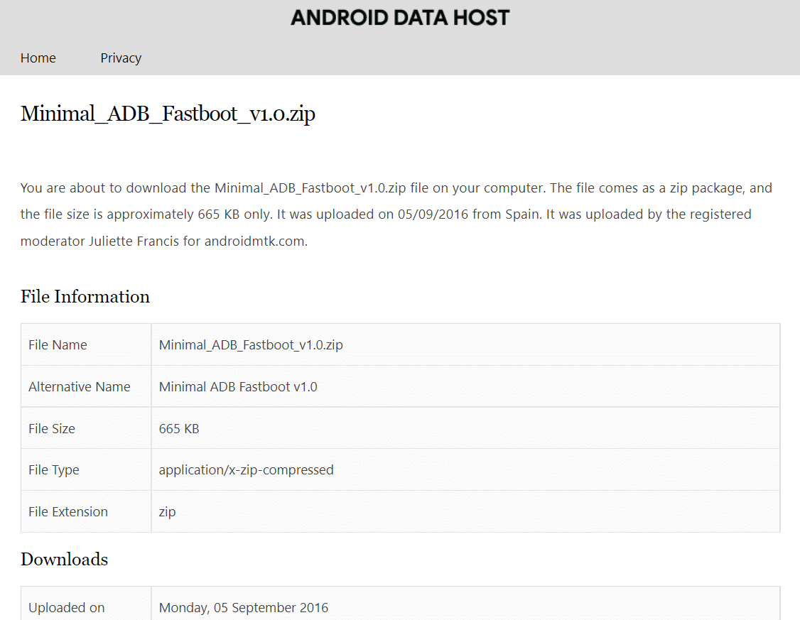 Загрузите минимальный adb с веб-сайта хоста данных Android