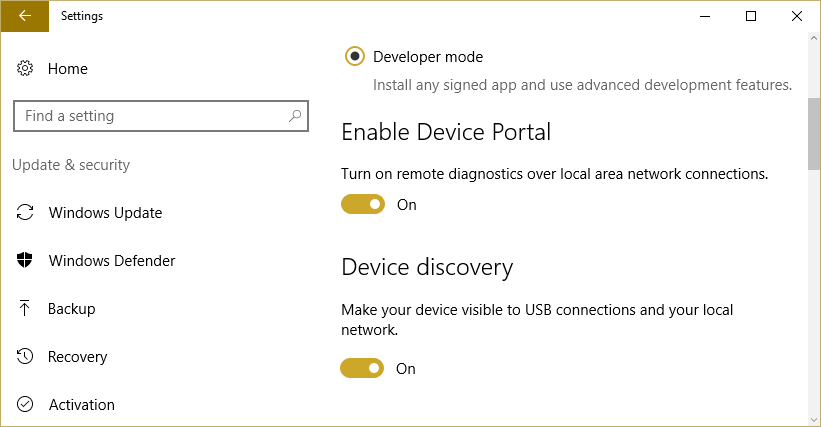enable device portal and device discovery