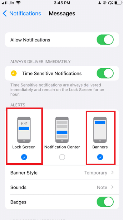 Enable notifications for the Lock Screen and Banners in this section. How to Turn Off Deliver Quietly on iMessage
