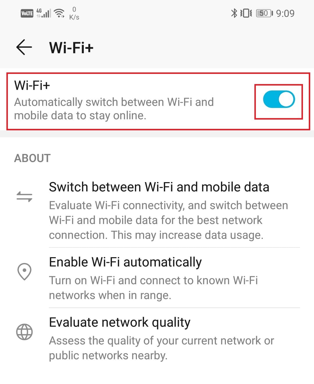 enable the toggle switch next to the Wi-Fi+ option. | boost Wi-Fi signal on Android