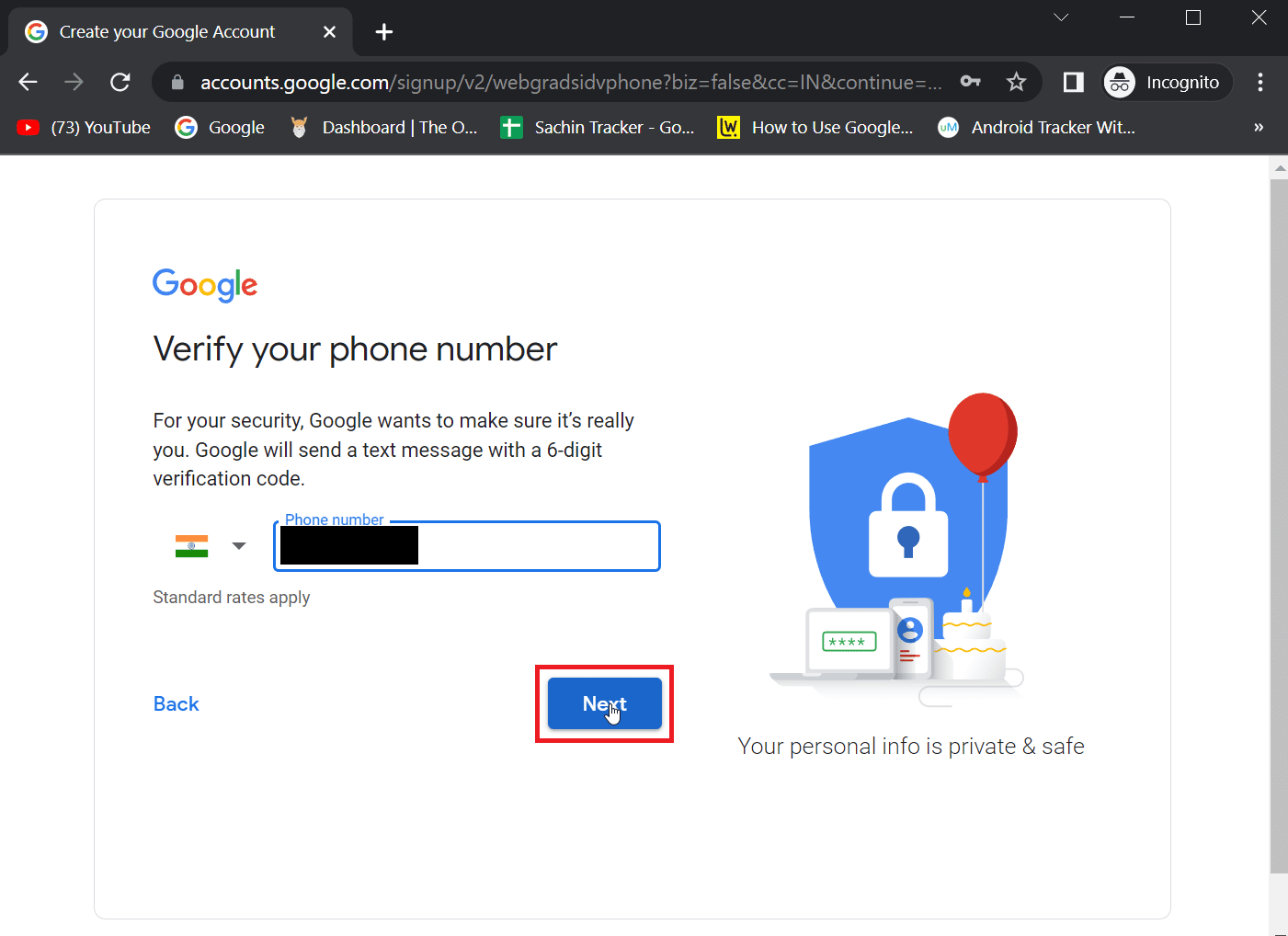 Enter a phone number to let Google verify your identity and click on Next