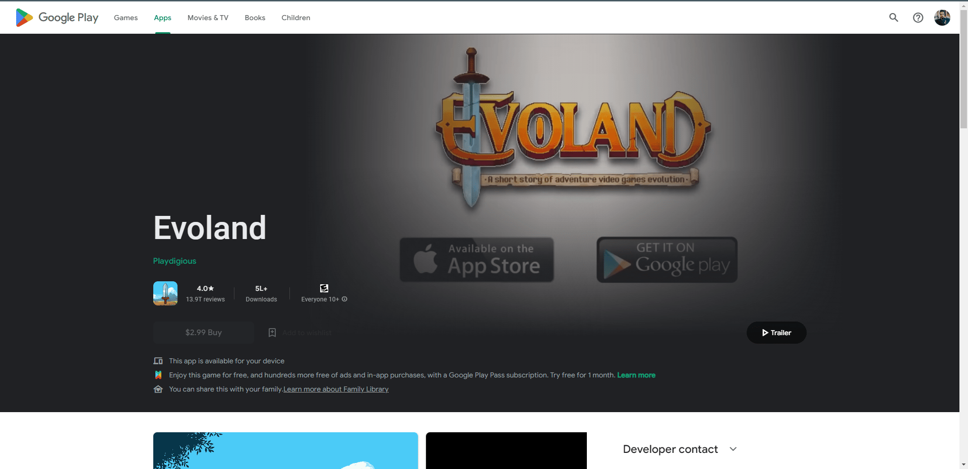 Evoland play store webpage