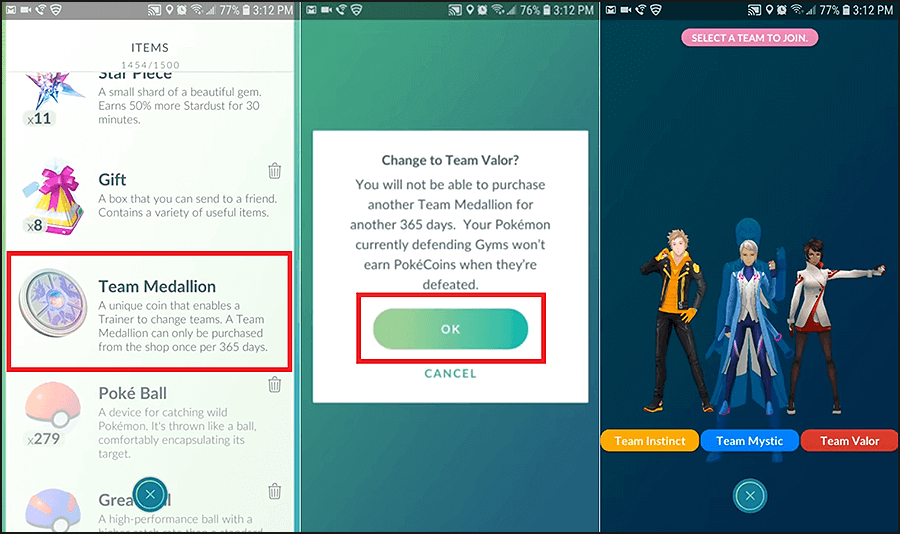 exit the shop by tapping on the small cross button at the bottom | Change Pokémon Go Team
