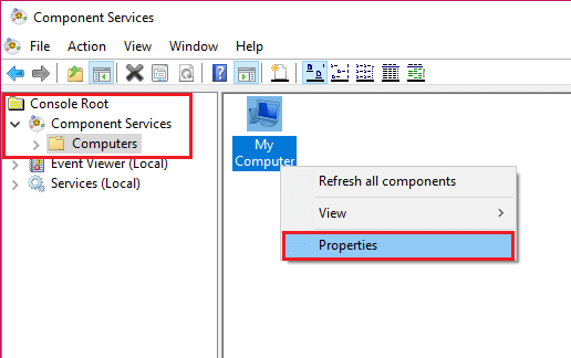 expand component services and right click on my computer then select properties