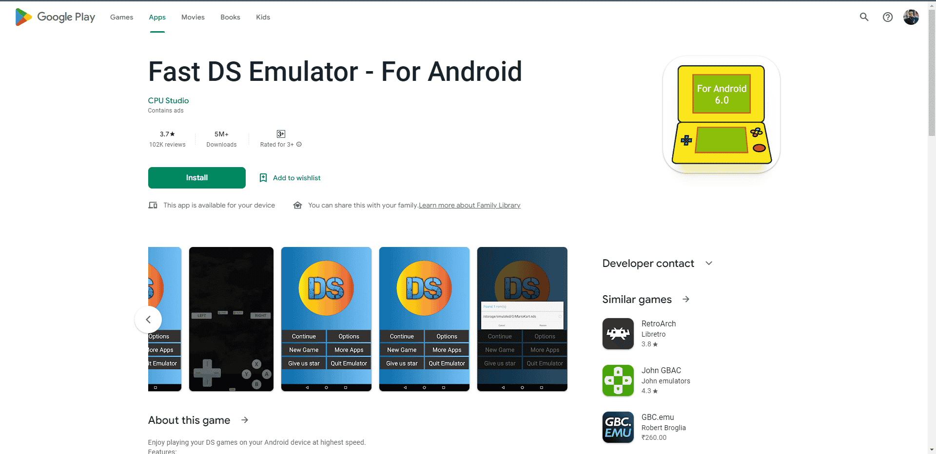 फास्ट डीएस एमुलेटर प्ले स्टोअर वेबपेज. Android APK साठी सर्वोत्तम 3D एमुलेटर डाउनलोड