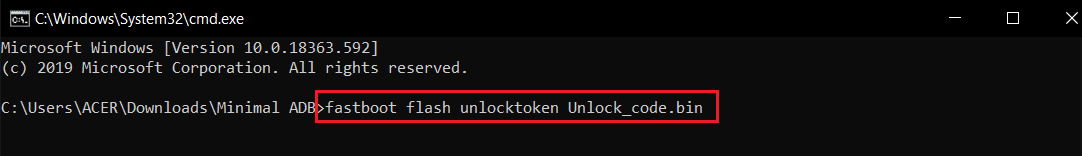 fastboot flash unlocktoken Unlock code.bin command in cmd or command prompt