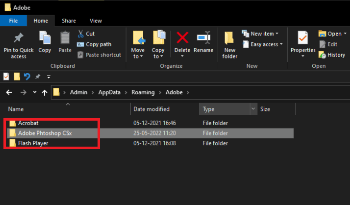 Navigate to this path in the File Explorer: Roaming/Adobe/Adobe Photoshop CSx/Adobe Photoshop Settings/