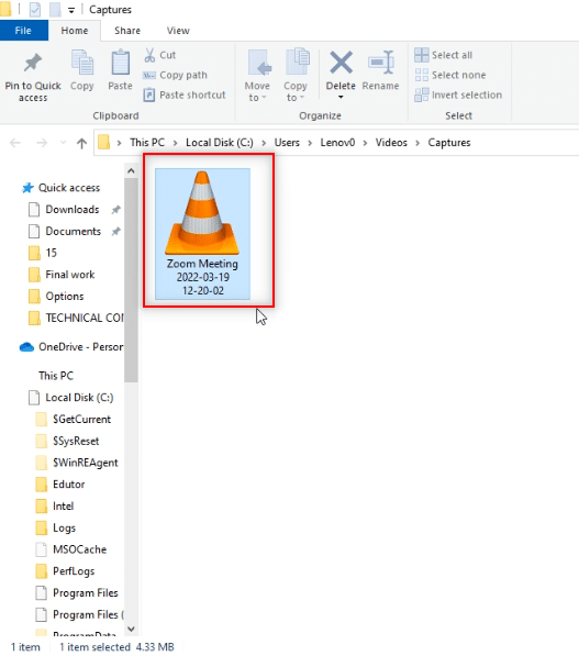 file saved in Captures folder on the Videos folder 