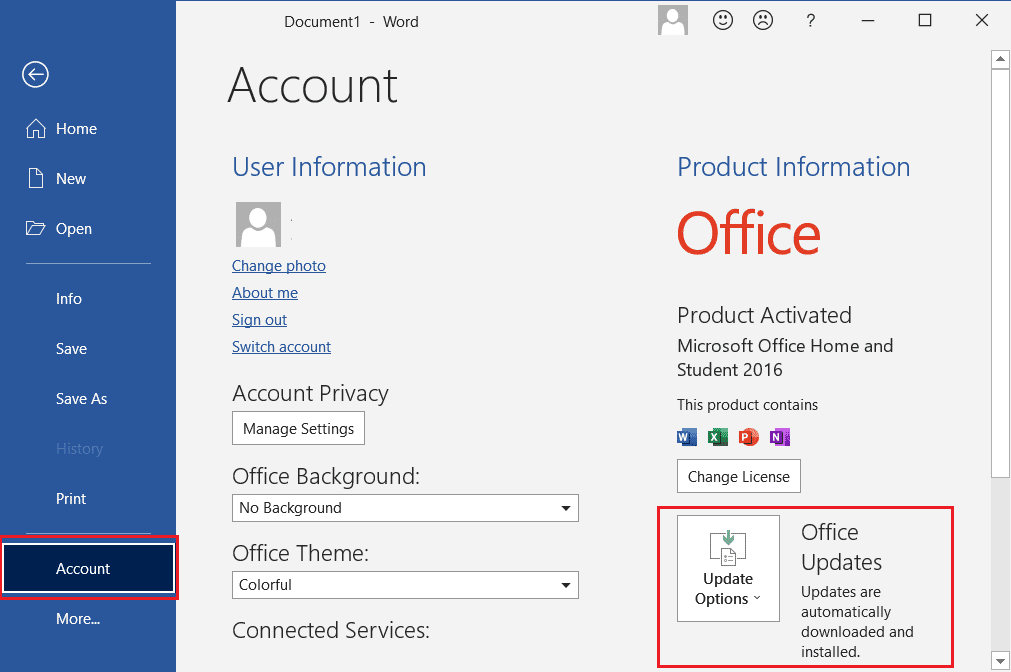 File then go to Accounts then click on Update Options in Microsoft Word