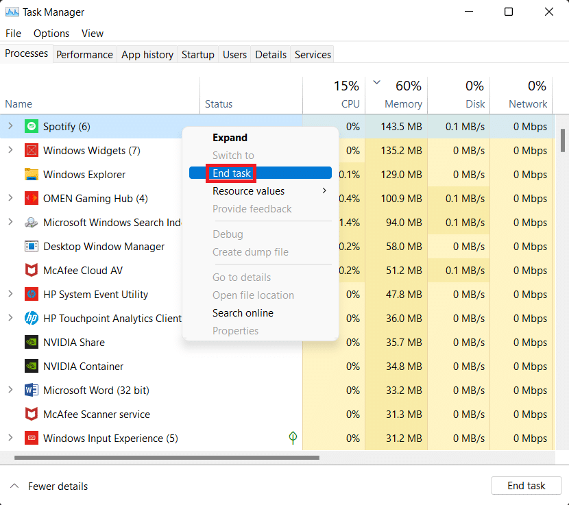 find spotify processes and right click and select end task | Fix Spotify Not Opening on Windows 10