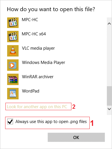 сначала установите флажок «Всегда использовать это приложение для открытия файлов .png», а затем нажмите «Искать другое приложение на этом компьютере».
