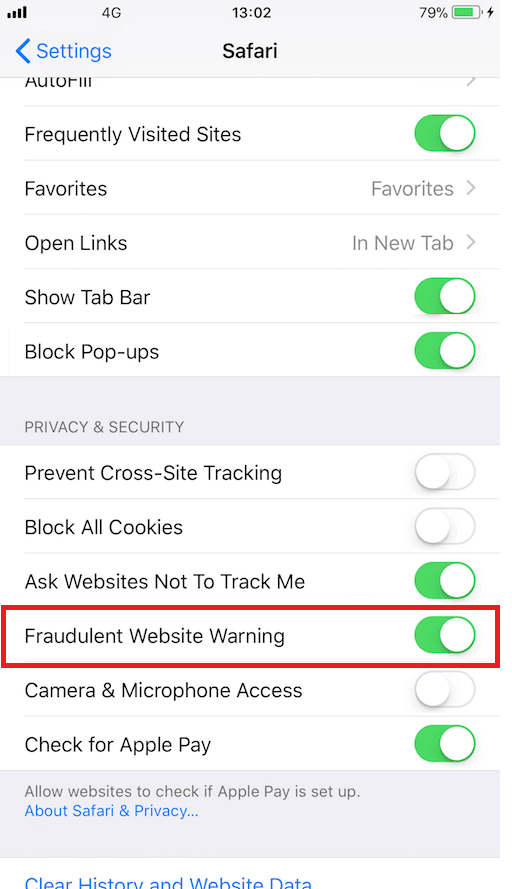 fraudulent website warning Safari iphone