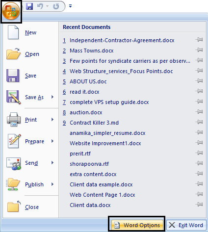 from Microsoft Office menu click Word Options