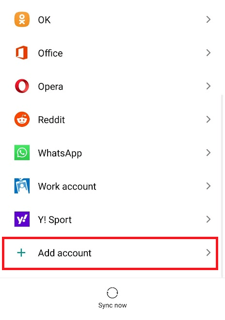 From the Account and sync and tap on Add account