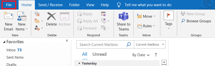From the Outlook menu options click on File