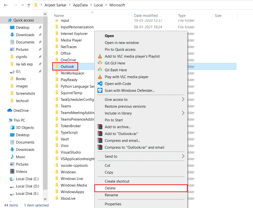 перейдите в папку Microsoft localappdata и удалите папку Outlook