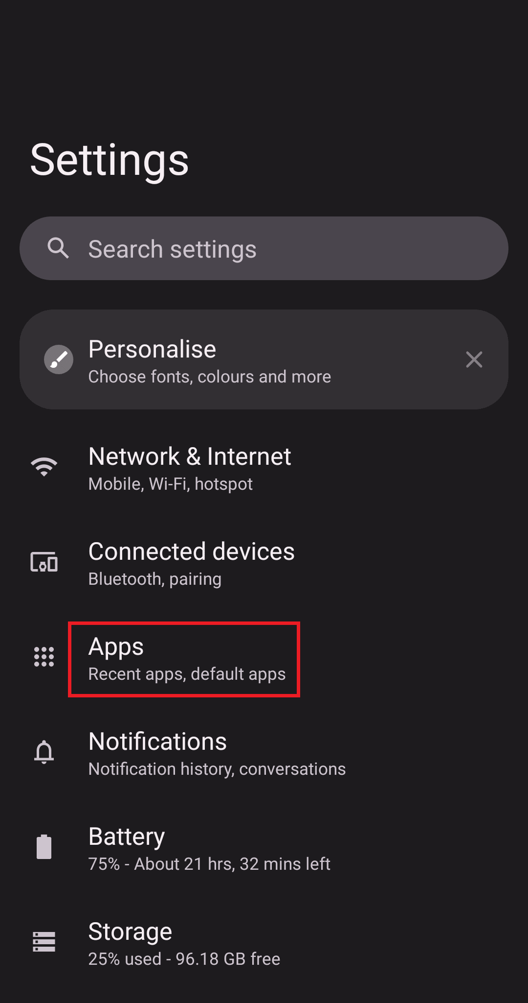 go to settings and tap on apps
