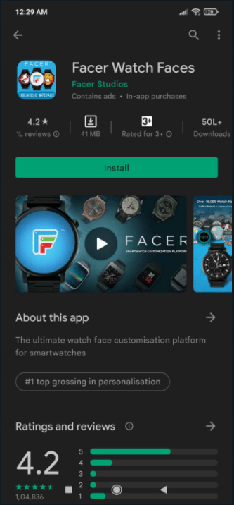 Go to the Play Store and search for the Facer Watch Faces and click on Install