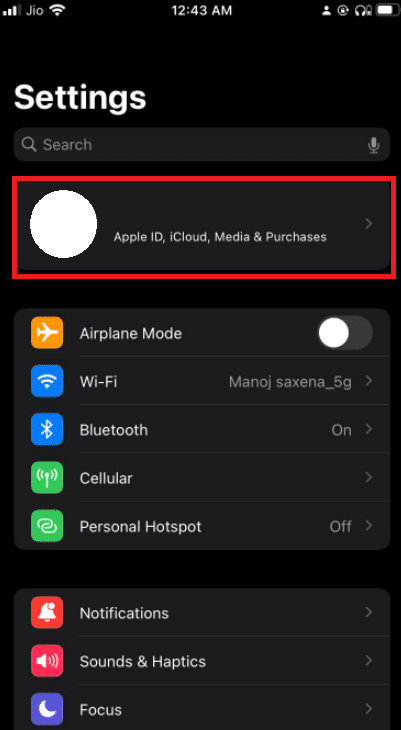 go to your profile options in iPhone to access Apple ID, icloud settings
