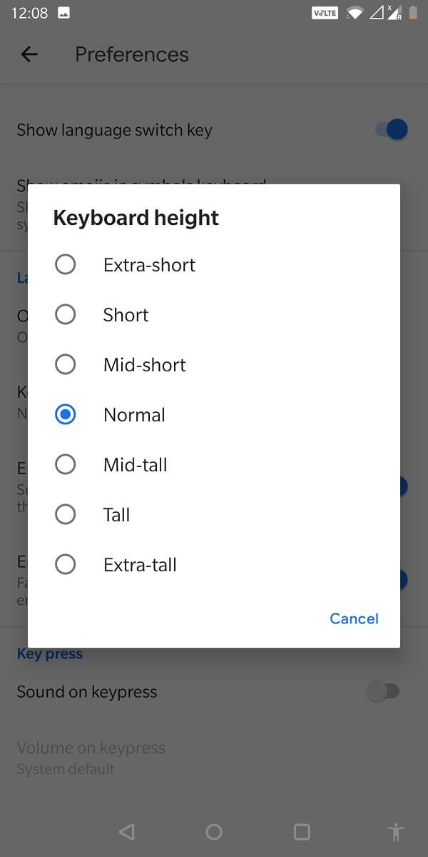 go to ‘Keyboard height’ and select from the seven options that are displayed