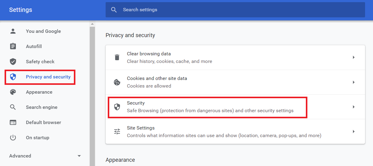 google chrome Settings and Privaccy