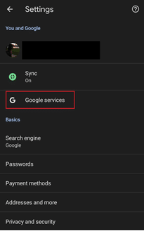 Google services option in android chrome app.