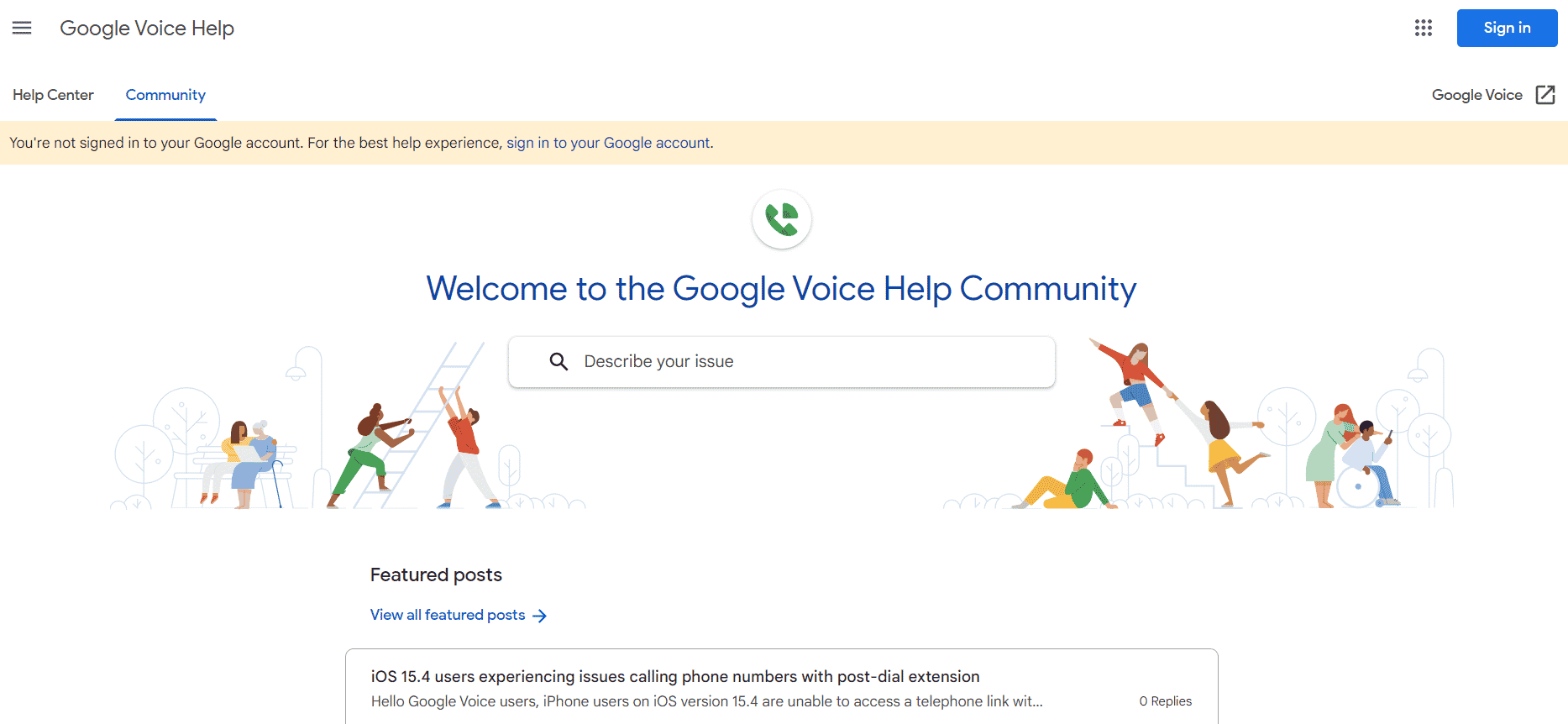Google Voice Help Community page. Fix Google Voice We Could Not Complete Your Call