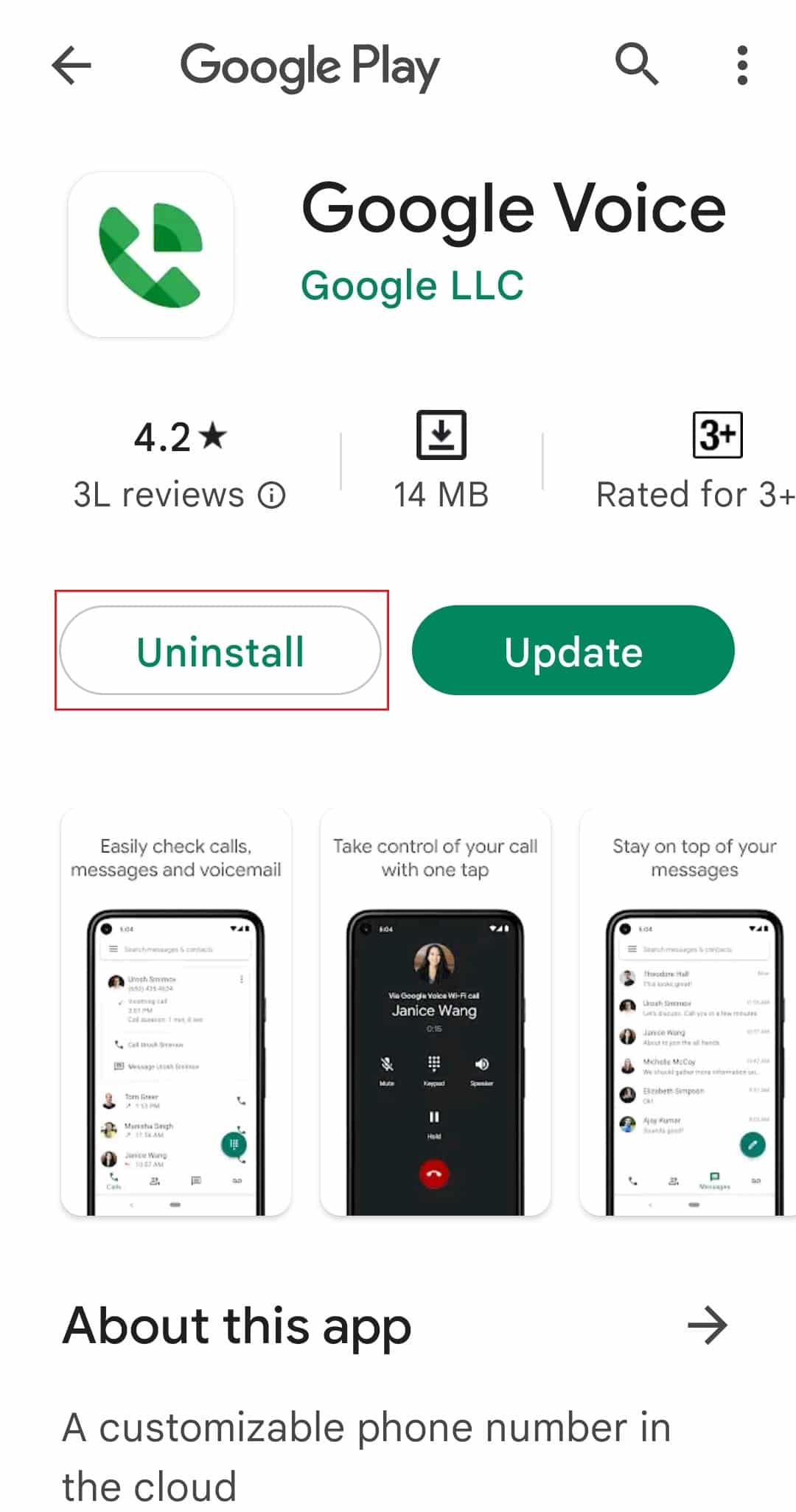tap on uninstall google voice playstore app