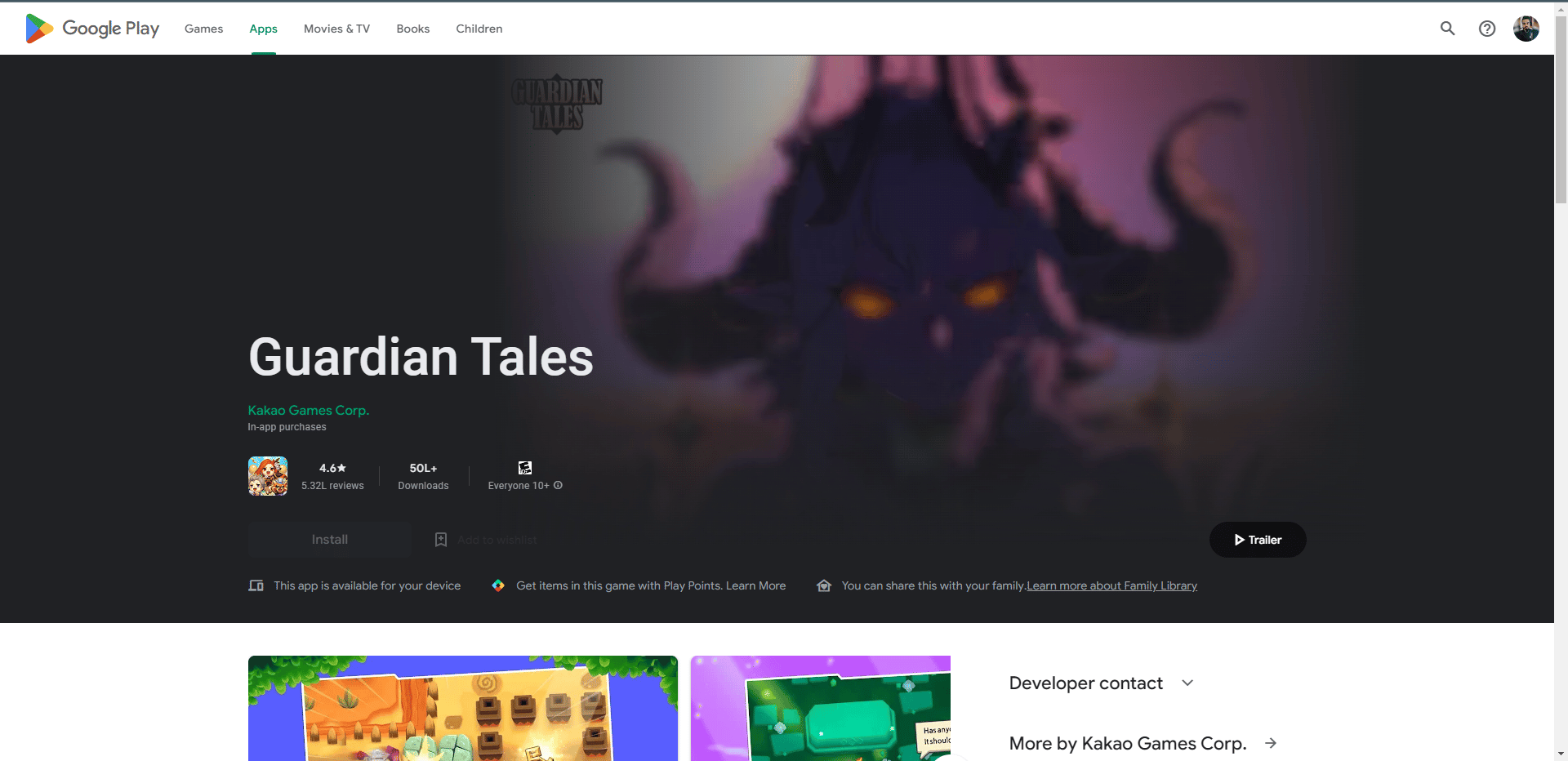 Guardian Tales play store webpage 