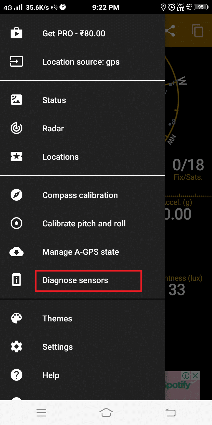 Here, click on Diagnose sensors | Android Screen Won't Rotate-Fixed