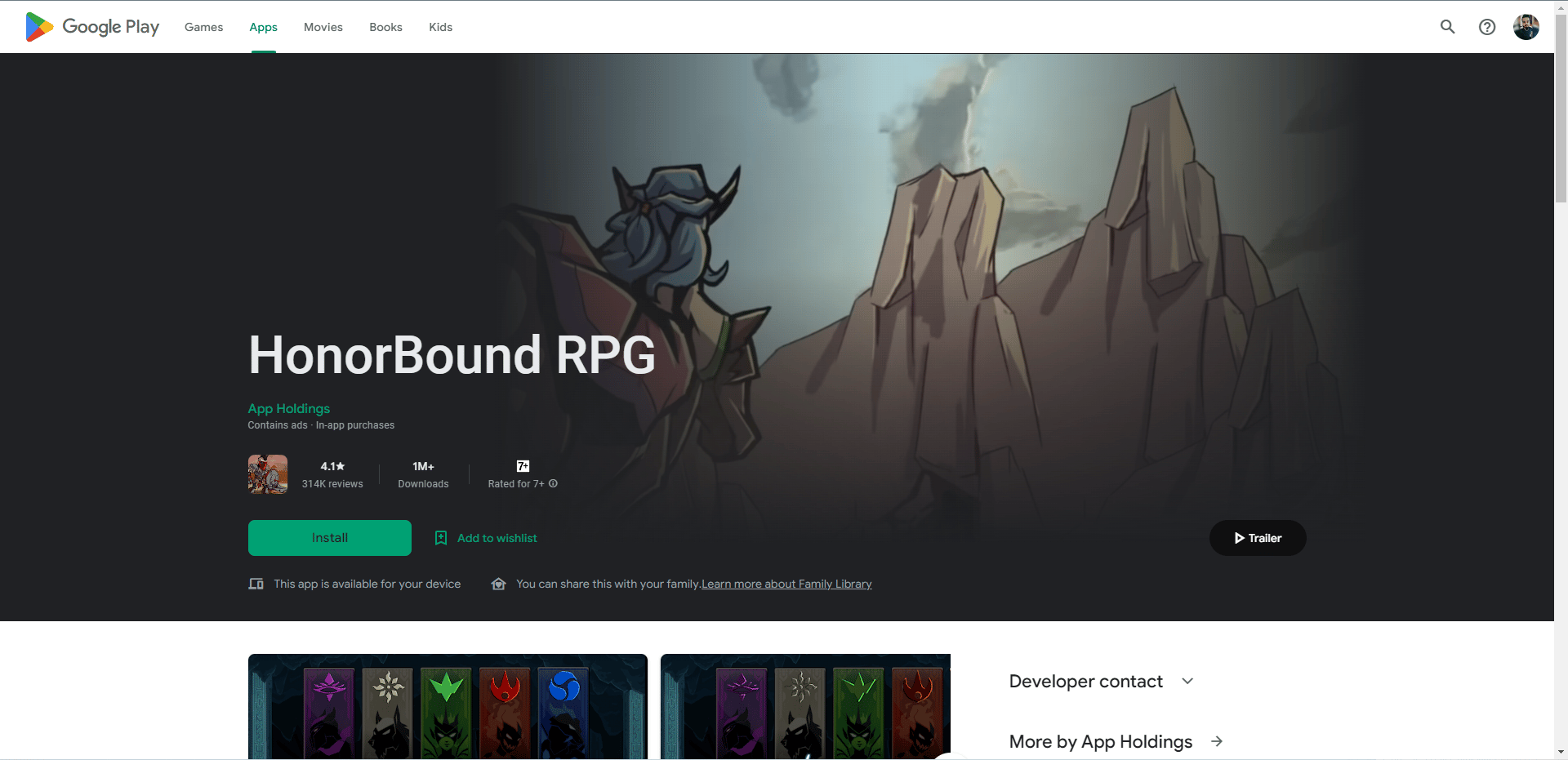 HonorBound RPG play store webpage