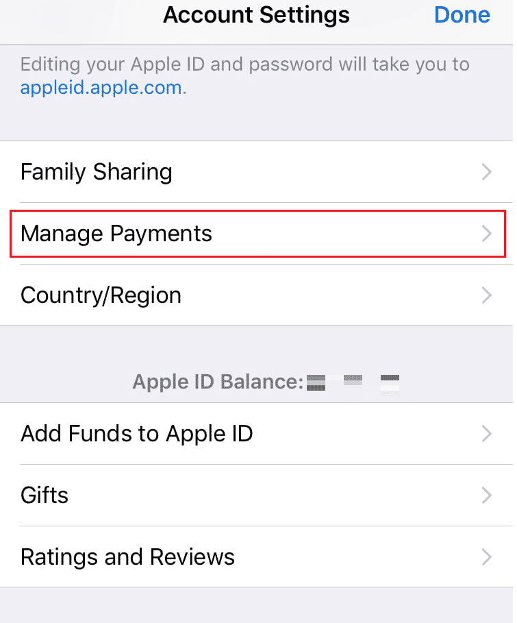 iPhone - Tap on the Manage Payments option and confirm user identity with Touch ID or Face ID