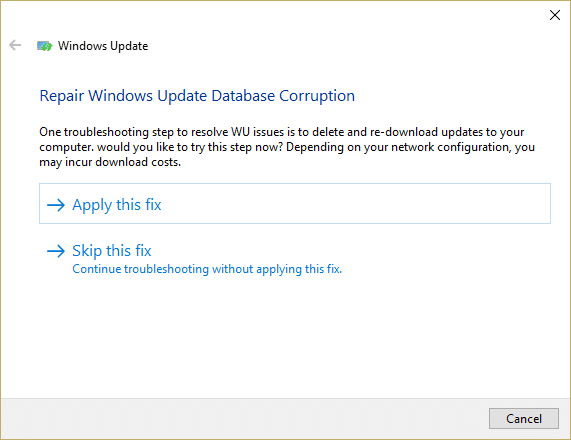 If problem is found with Windows Update then click Apply this fix