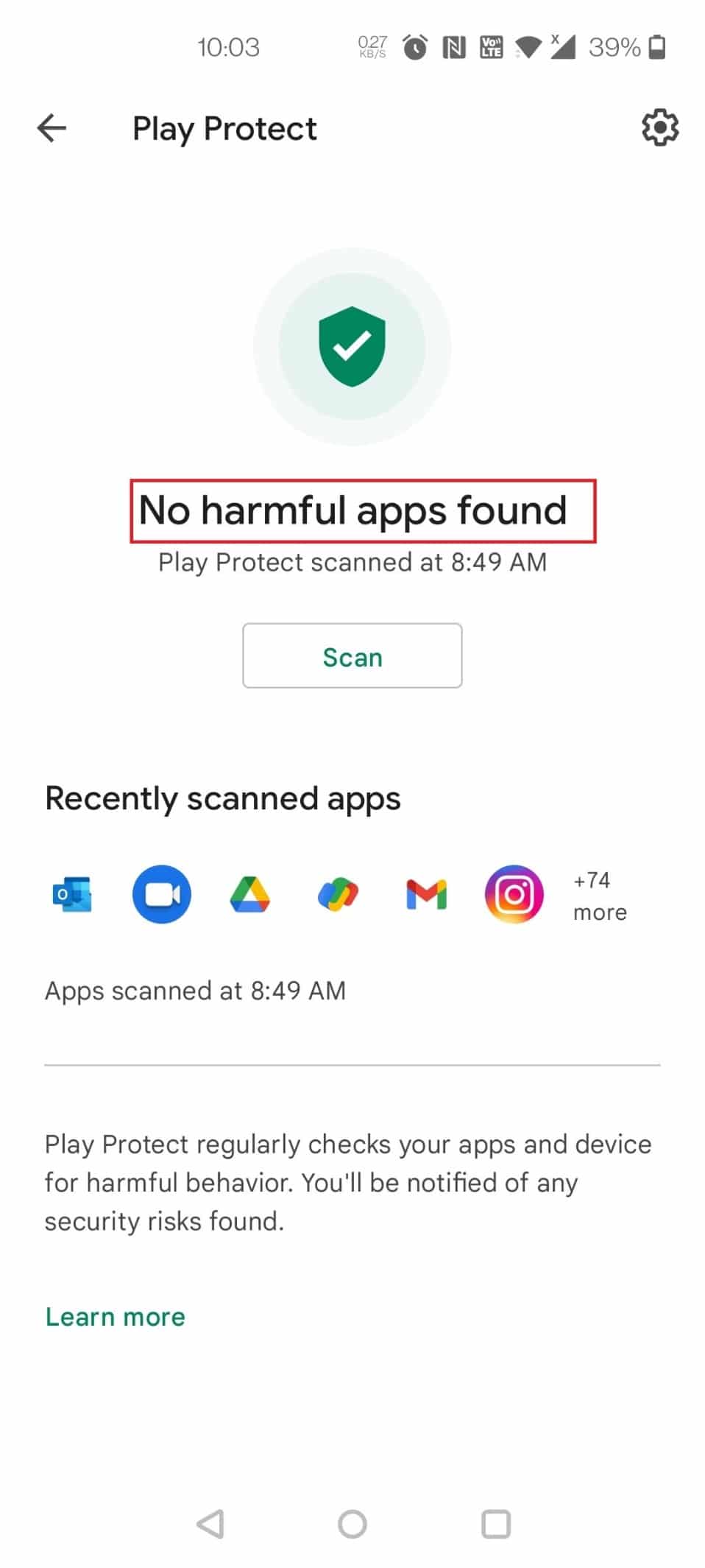 If there are no harmful apps, it will display No harmful apps found