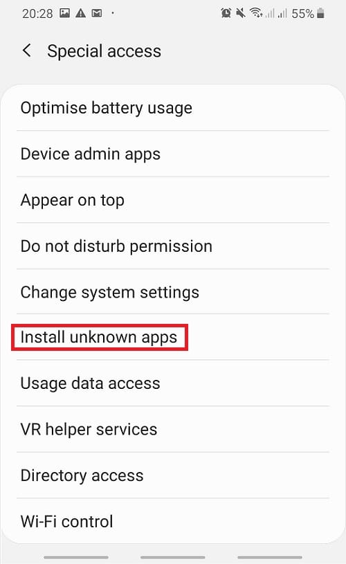 From the list select the Install unknown apps option.