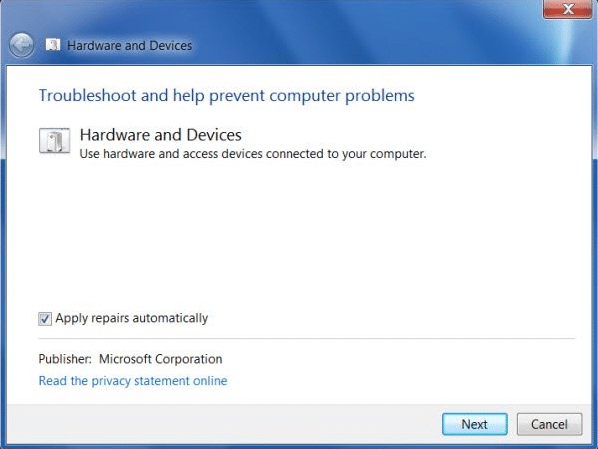 The Hardware and Devices Troubleshooter window will open up.