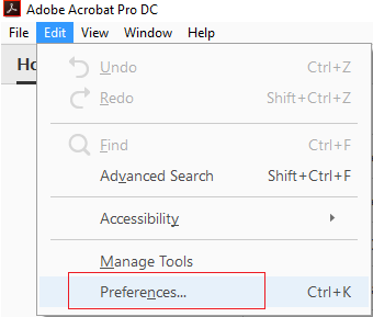 In Adobe Acrobat Reader click Edit then Preferences