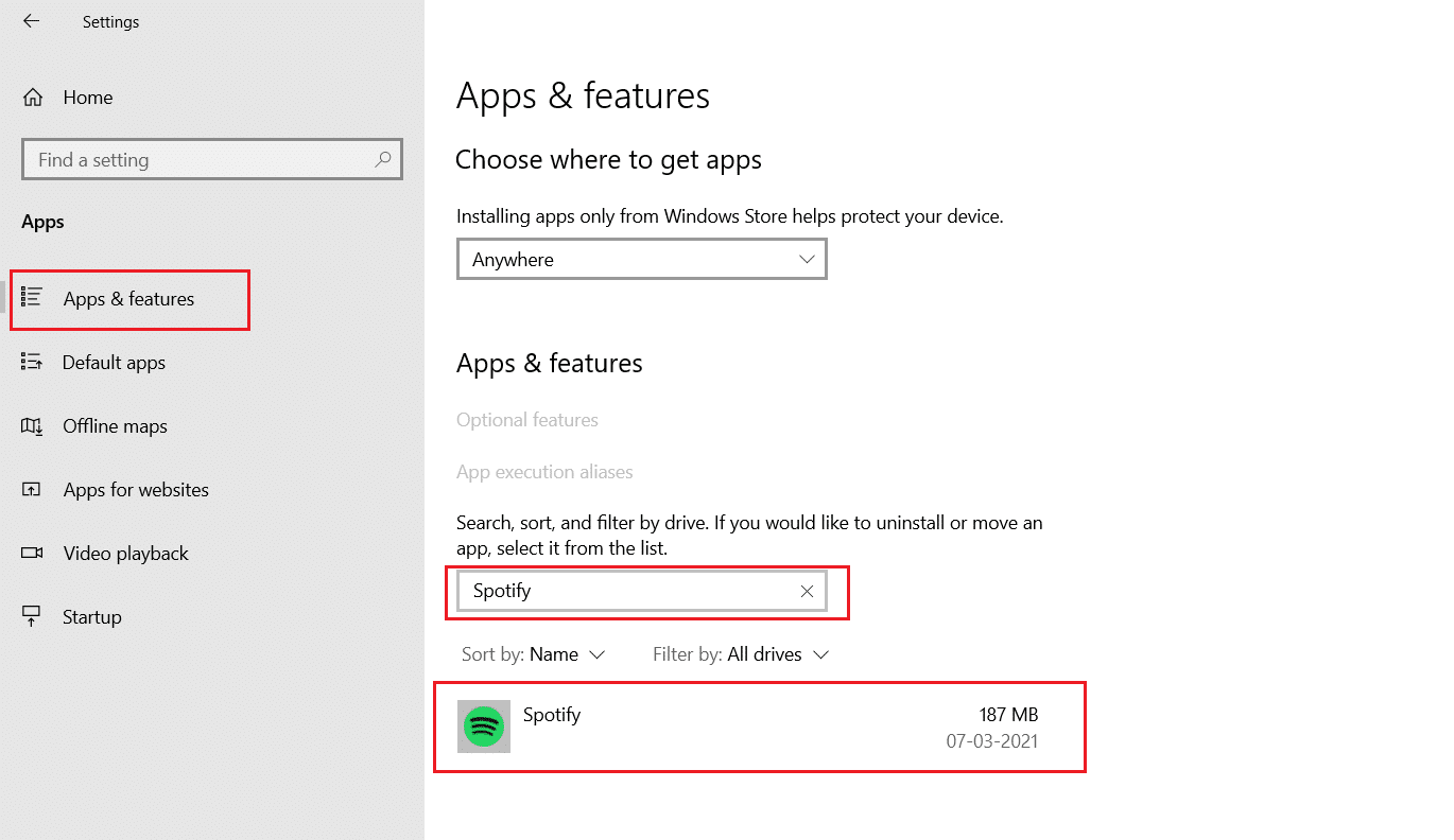 in apps and features menu, search for spotify app and select it | How to Fix Spotify Won’t Open