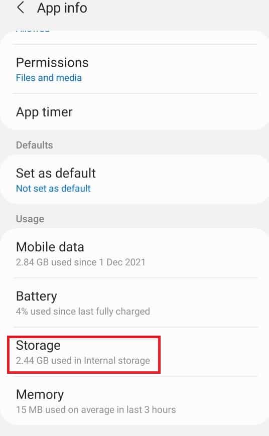In the App info select the Storage