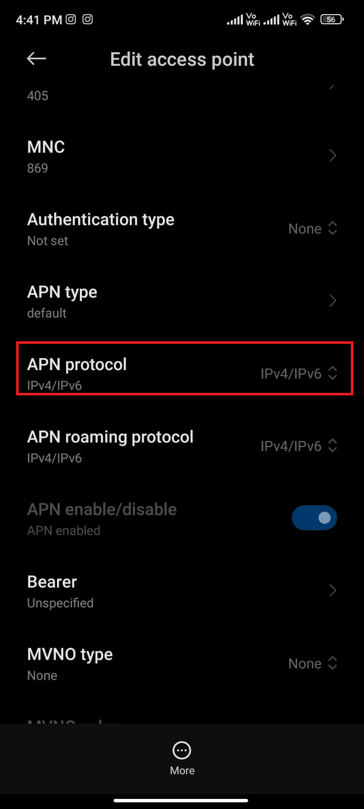 toque el protocolo de roaming APN