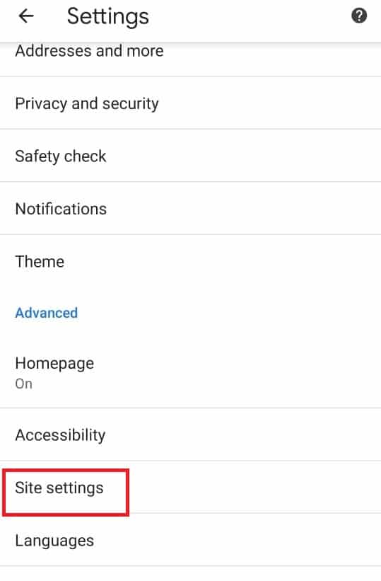 In the settings menu, tap on Site settings