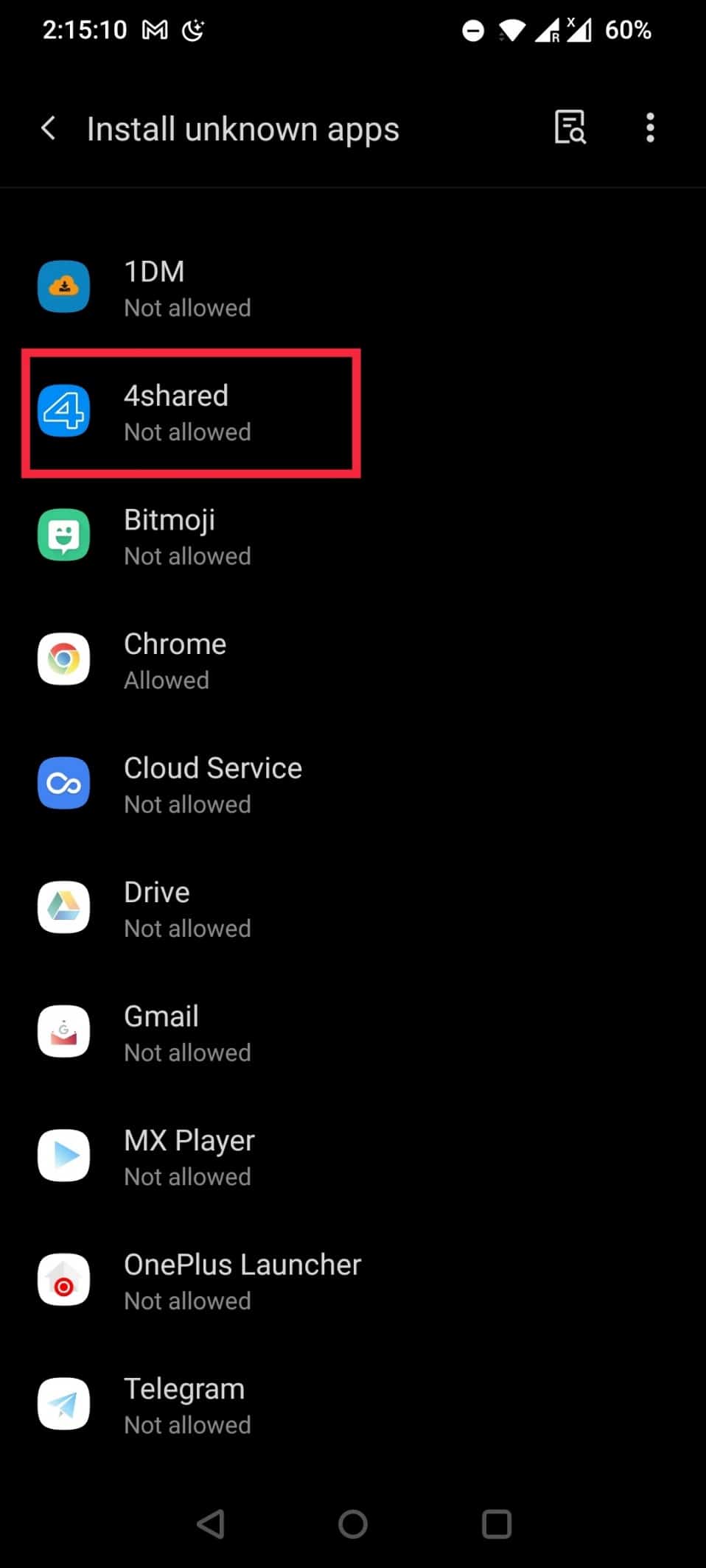 In this list of apps, find the installed app from the list below 4shared considered here and tap on it to open some options.