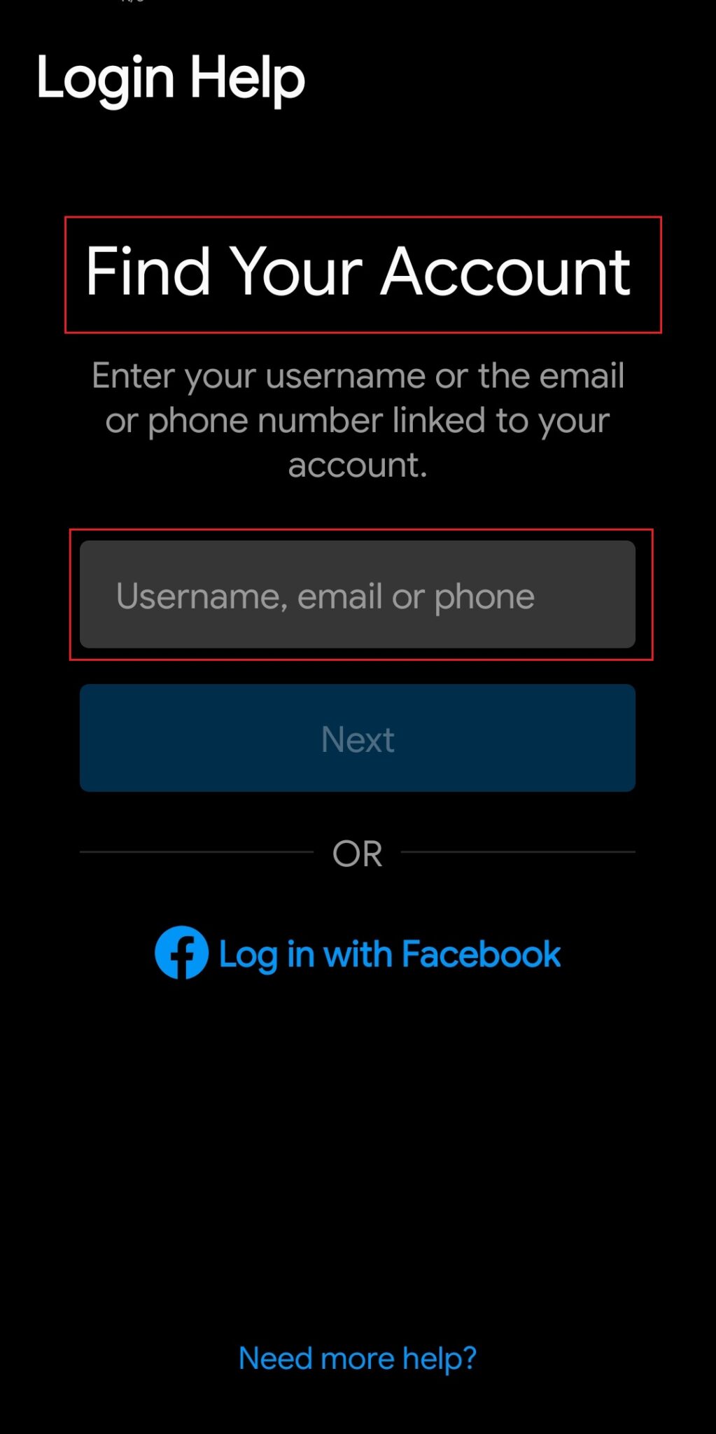instagram app find you account option, type email or phone number. Fix Instagram Suspicious Login Attempt