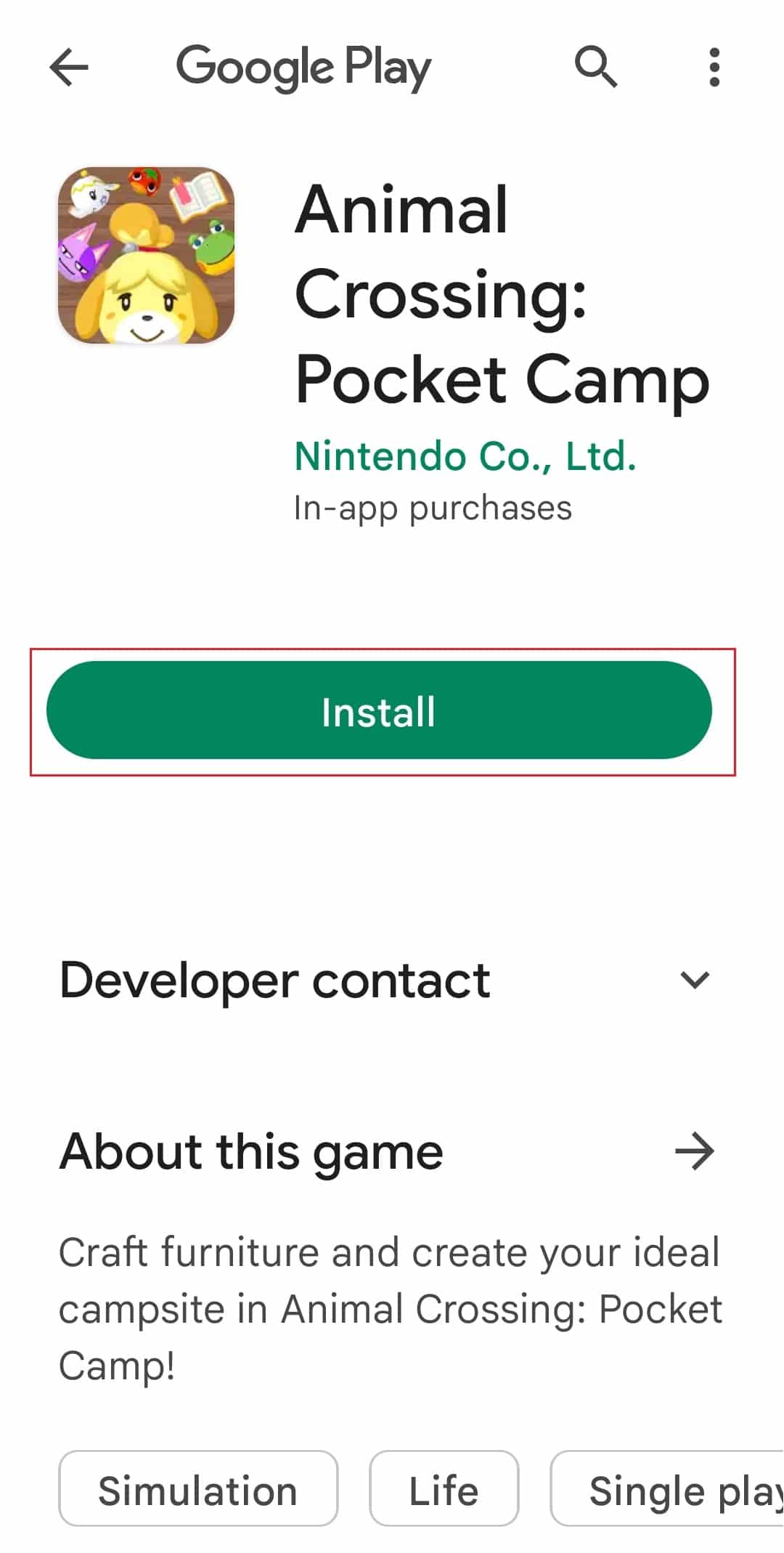 instale el juego Animal Crossing Pocket Camp desde Google Play Store