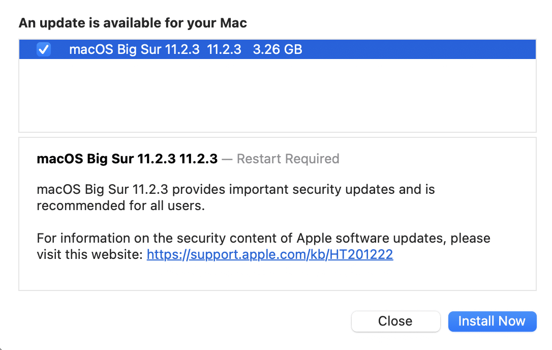 macOS Big Sur update. install now