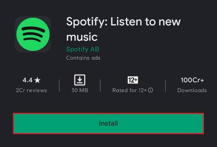 Install option for Spotify in Google Play Store